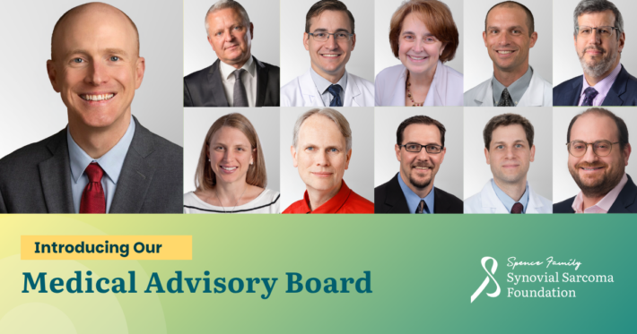 A group photo collage introduces the Medical Advisory Board for the Synovial Sarcoma Foundation, featuring 11 professionals in business or medical attire, with the foundation's logo and branding text on a colorful background.
